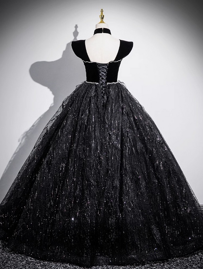 Black A-line Off-shoulder Velvet Tulle Sequin Long Prom Dress, Black Formal Dress  ED01227