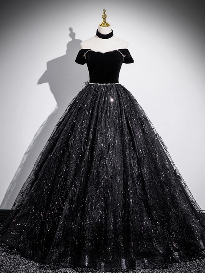Black A-line Off-shoulder Velvet Tulle Sequin Long Prom Dress, Black Formal Dress  ED01227