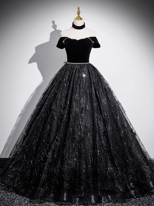 Black A-line Off-shoulder Velvet Tulle Sequin Long Prom Dress, Black Formal Dress  ED01227