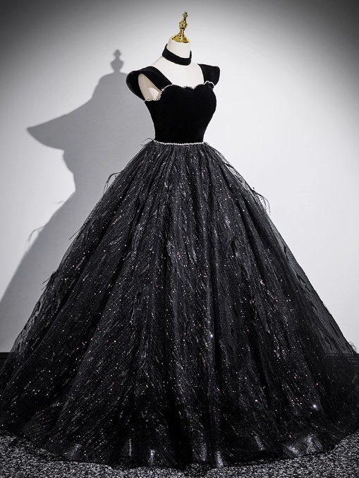 Black A-line Off-shoulder Velvet Tulle Sequin Long Prom Dress, Black Formal Dress  ED01227