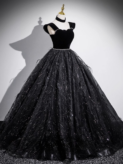 Black A-line Off-shoulder Velvet Tulle Sequin Long Prom Dress, Black Formal Dress  ED01227