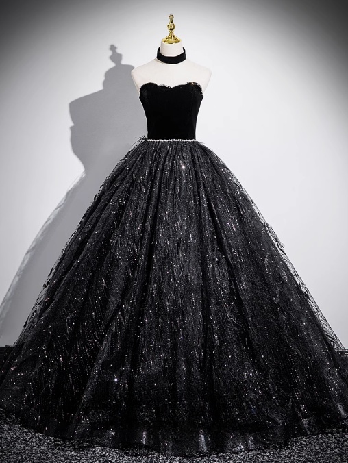 Black A-line Off-shoulder Velvet Tulle Sequin Long Prom Dress, Black Formal Dress  ED01227