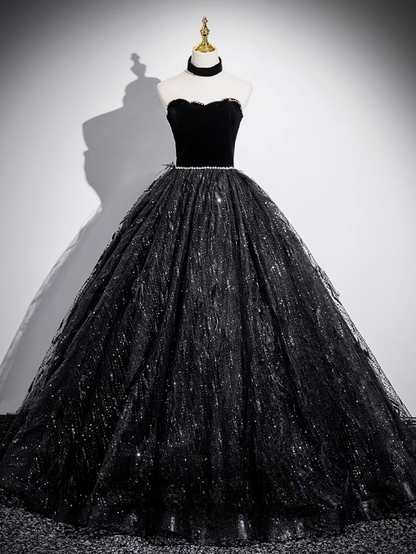 Black A-line Off-shoulder Velvet Tulle Sequin Long Prom Dress, Black Formal Dress  ED01227