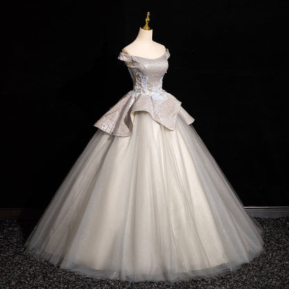 Light Grey A-line Off-shoulder Neck Sequin Tulle Long Prom Dress, Elegant Formal Dress ED01231