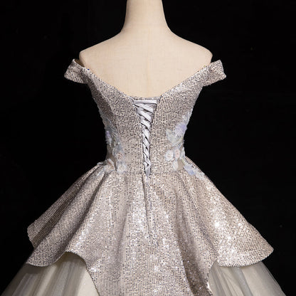 Light Grey A-line Off-shoulder Neck Sequin Tulle Long Prom Dress, Elegant Formal Dress ED01231