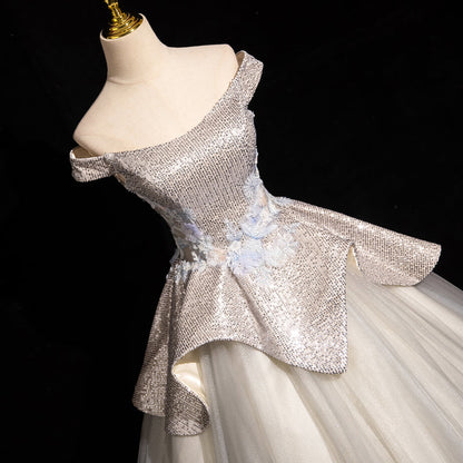 Light Grey A-line Off-shoulder Neck Sequin Tulle Long Prom Dress, Elegant Formal Dress ED01231