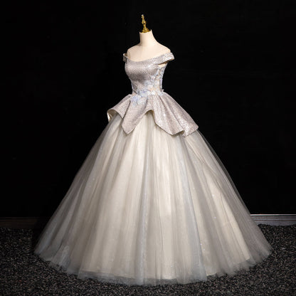 Light Grey A-line Off-shoulder Neck Sequin Tulle Long Prom Dress, Elegant Formal Dress ED01231