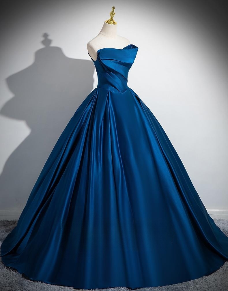 Blue A-line Strapless Satin Long Prom Dress, Blue Formal Dress ED01233
