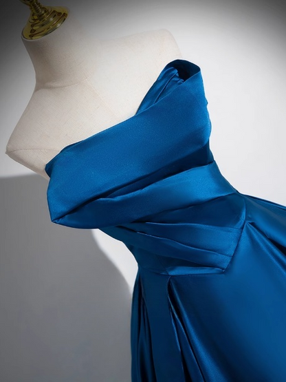 Blue A-line Strapless Satin Long Prom Dress, Blue Formal Dress ED01233