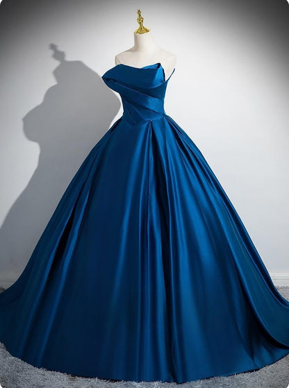 Blue A-line Strapless Satin Long Prom Dress, Blue Formal Dress ED01233