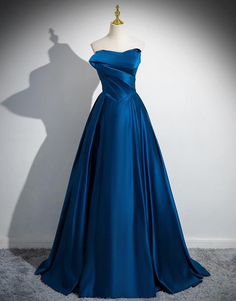 Blue A-line Strapless Satin Long Prom Dress, Blue Formal Dress ED01233