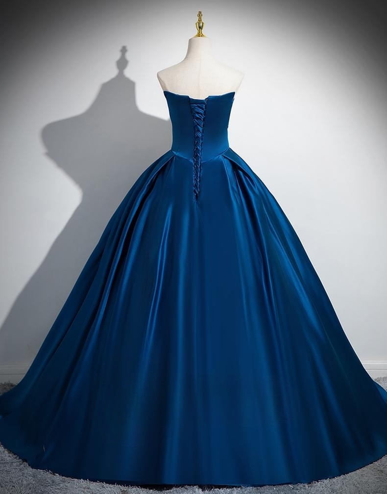 Blue A-line Strapless Satin Long Prom Dress, Blue Formal Dress ED01233