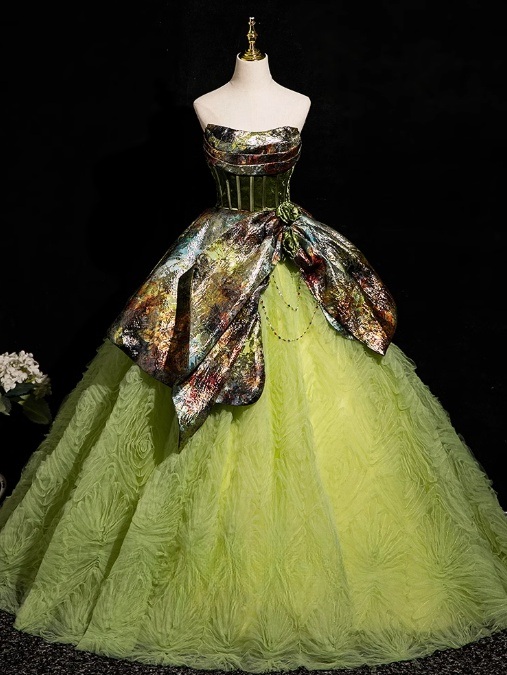 Green A-line Strapless Satin Tulle Long Prom Dress, Green Formal Dress ED01236