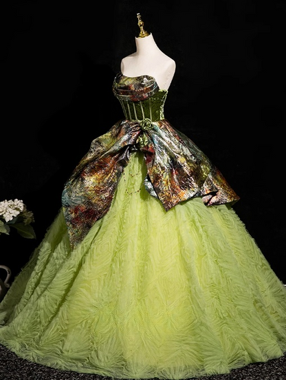 Green A-line Strapless Satin Tulle Long Prom Dress, Green Formal Dress ED01236