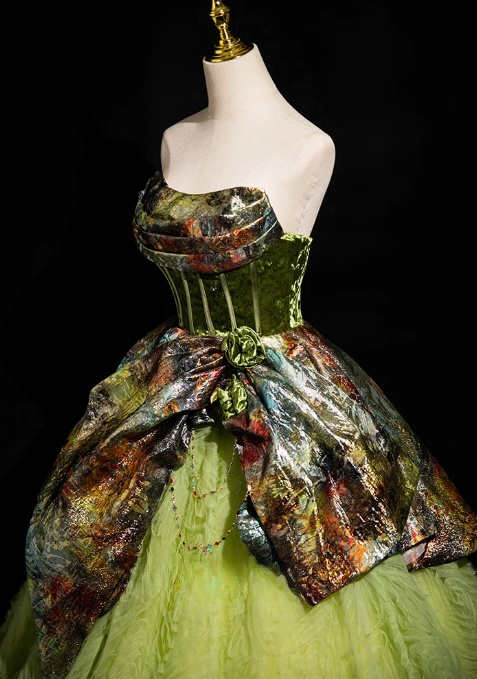 Green A-line Strapless Satin Tulle Long Prom Dress, Green Formal Dress ED01236