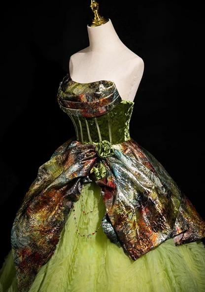 Green A-line Strapless Satin Tulle Long Prom Dress, Green Formal Dress ED01236