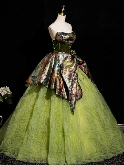 Green A-line Strapless Satin Tulle Long Prom Dress, Green Formal Dress ED01236