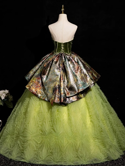 Green A-line Strapless Satin Tulle Long Prom Dress, Green Formal Dress ED01236