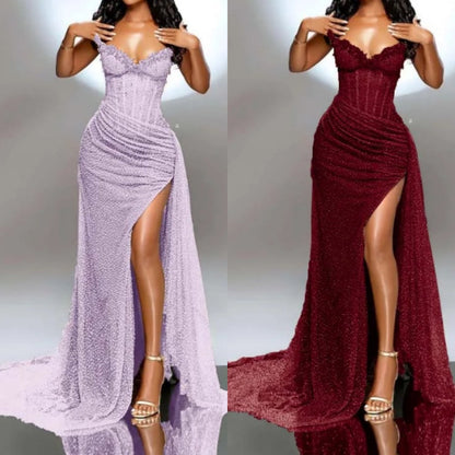Elegant Strapless Shiny Beaded Sequin Long Prom Dresses Formal Evening Dresses With Slit ED01240