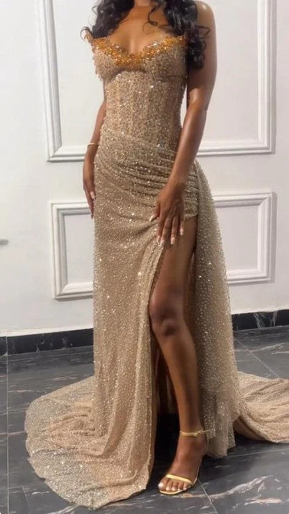 Elegant Strapless Shiny Beaded Sequin Long Prom Dresses Formal Evening Dresses With Slit ED01240