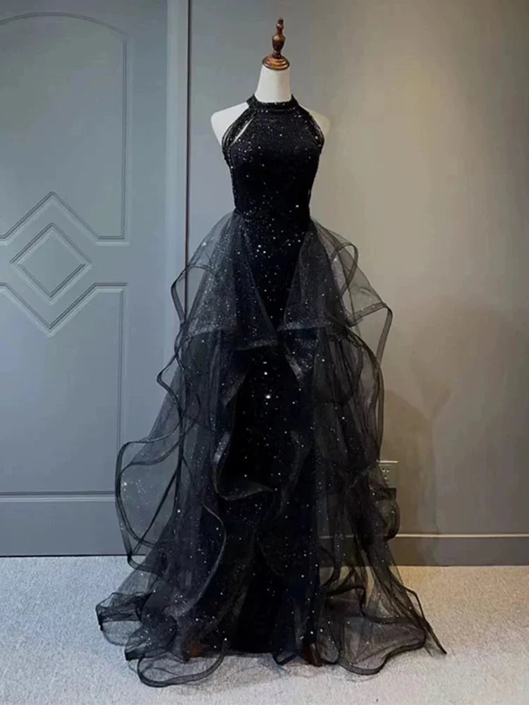 Elegant A-Line Navy Blue Halter Sparkly Sequins Long Prom Dresses Formal Evening Dresses ED01427