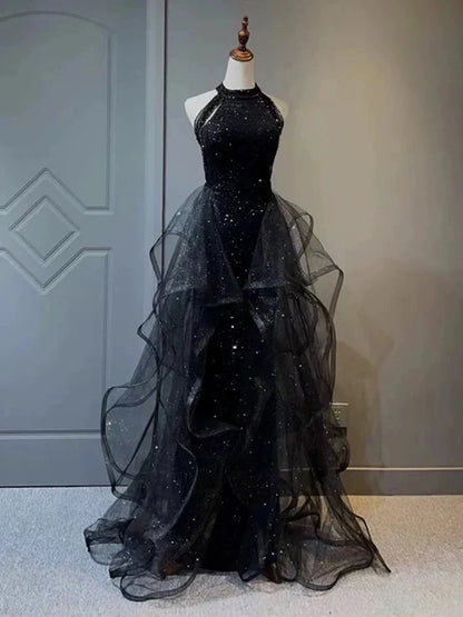 Elegant A-Line Navy Blue Halter Sparkly Sequins Long Prom Dresses Formal Evening Dresses ED01427