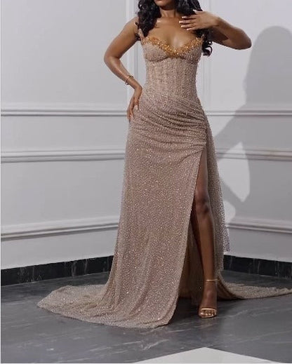Elegant Strapless Shiny Beaded Sequin Long Prom Dresses Formal Evening Dresses With Slit ED01240