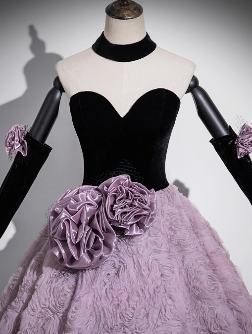 A-line Sweetheart Tulle Velvet Long Prom Dress, Sweet 16 Dress ED01241