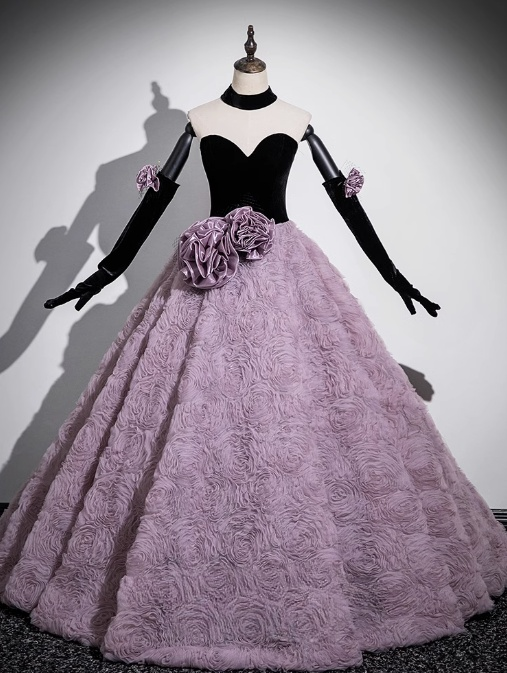 A-line Sweetheart Tulle Velvet Long Prom Dress, Sweet 16 Dress ED01241