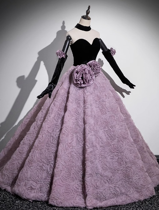 A-line Sweetheart Tulle Velvet Long Prom Dress, Sweet 16 Dress ED01241