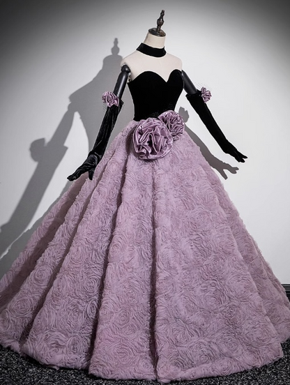 A-line Sweetheart Tulle Velvet Long Prom Dress, Sweet 16 Dress ED01241