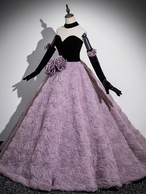 A-line Sweetheart Tulle Velvet Long Prom Dress, Sweet 16 Dress ED01241