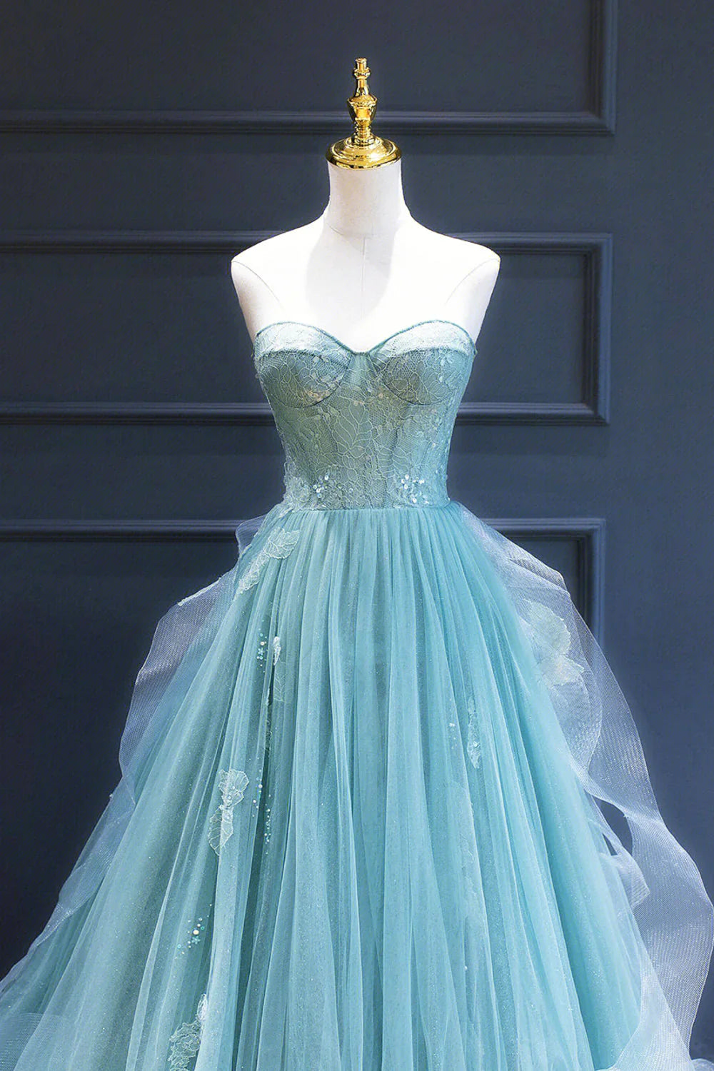 A-Line  Sweetheart neck Lace Tulle Long Formal Dress, Green Evening Dress ED01242