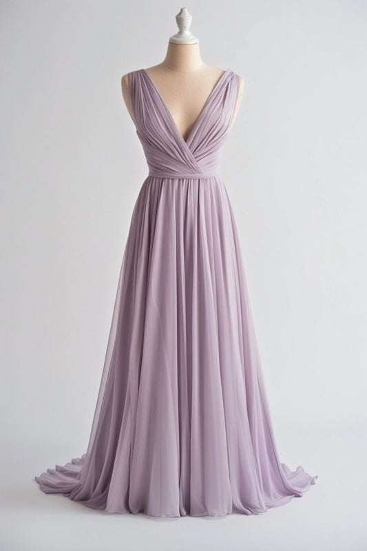 Light Purple A-line V-neck Chiffon Long Prom Dress Simple Bridesmaid Dress ED01244