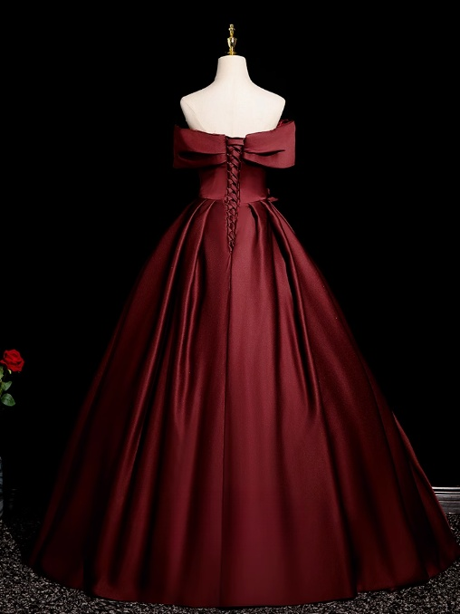Burgundy A-line off-the-shoulder satin long prom dress, Burgundy formal dress ED01248
