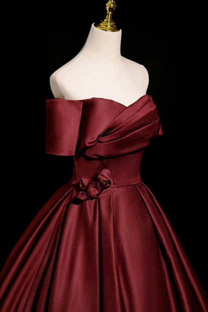 Burgundy A-line off-the-shoulder satin long prom dress, Burgundy formal dress ED01248