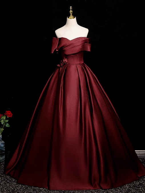 Burgundy A-line off-the-shoulder satin long prom dress, Burgundy formal dress ED01248