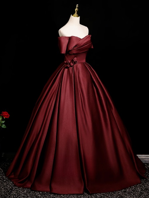 Burgundy A-line off-the-shoulder satin long prom dress, Burgundy formal dress ED01248