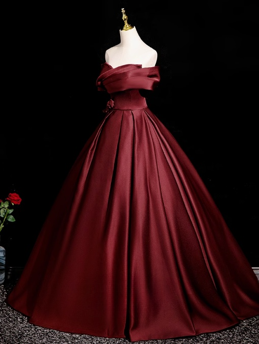 Burgundy A-line off-the-shoulder satin long prom dress, Burgundy formal dress ED01248