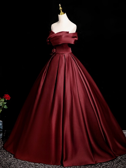Burgundy A-line off-the-shoulder satin long prom dress, Burgundy formal dress ED01248