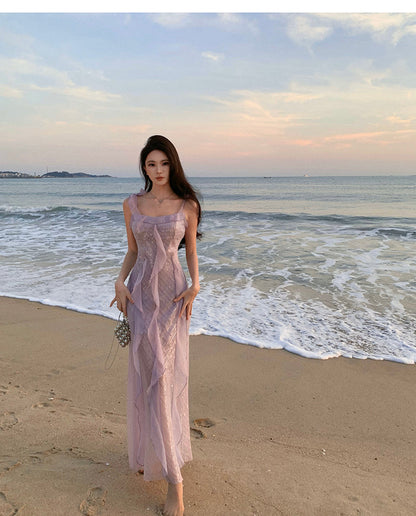 French retro purple sequined stitching suspender dress ED01252