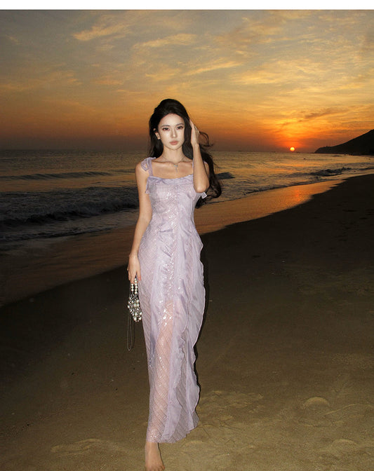 French retro purple sequined stitching suspender dress ED01252