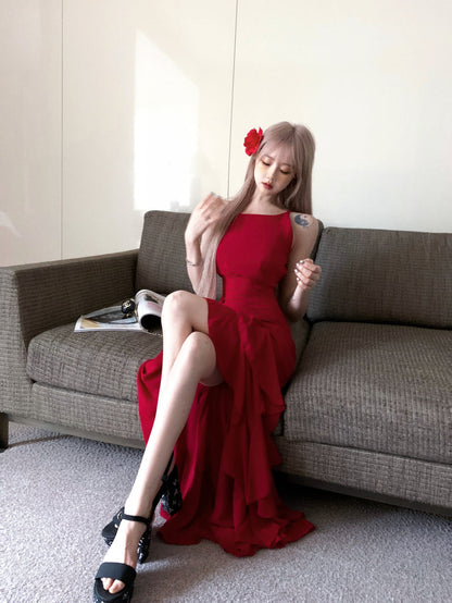 French Burgundy A-line suspender dress ED01253