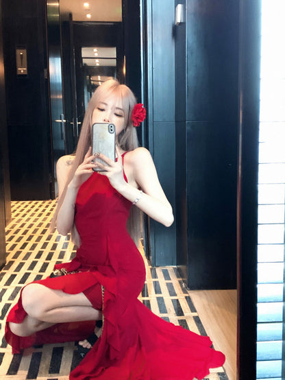 French Burgundy A-line suspender dress ED01253