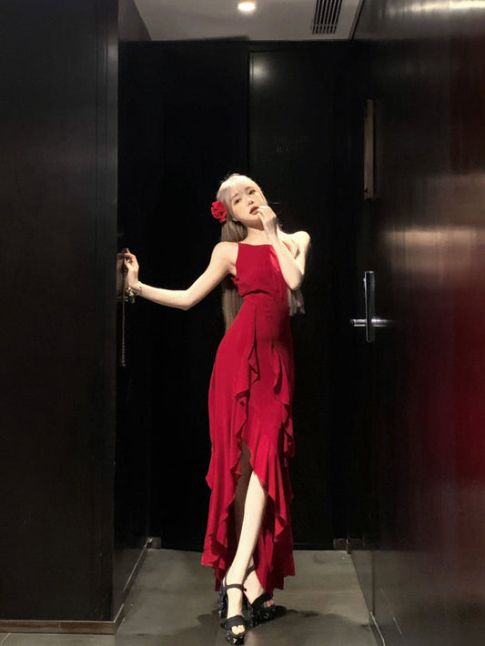 French Burgundy A-line suspender dress ED01253