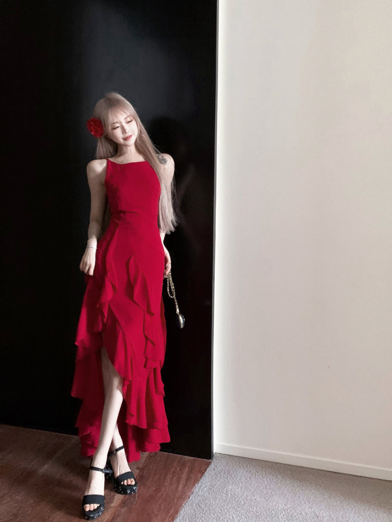 French Burgundy A-line suspender dress ED01253