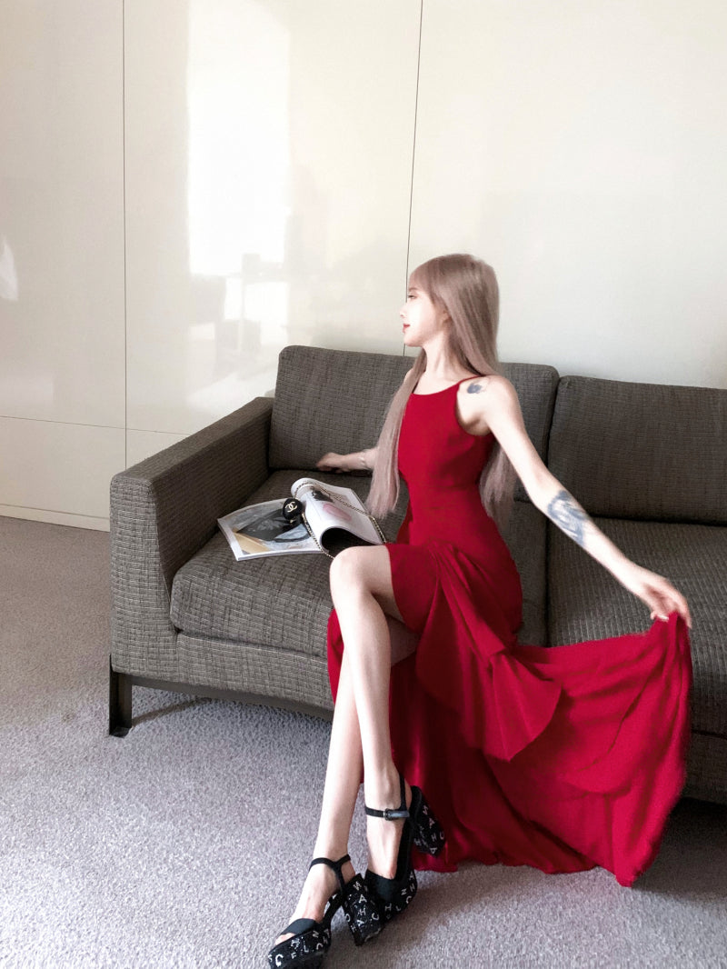 French Burgundy A-line suspender dress ED01253