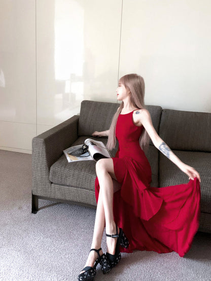 French Burgundy A-line suspender dress ED01253