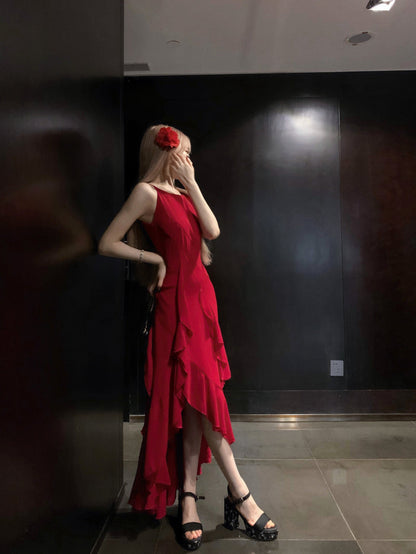 French Burgundy A-line suspender dress ED01253