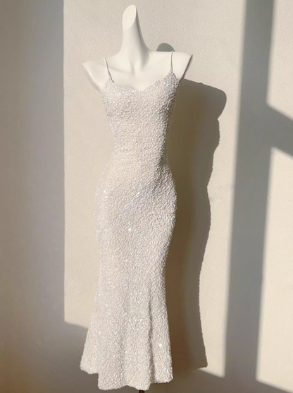 French Champagne Embroidered Sequin Suspender Dress Mermaid Party Dress ED01254